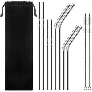 FUNKY PLANET Metal Straw Stainless Steel Straws Drinking Reusable Straws + Extra Long Cleaning Brushes (8 x straws)