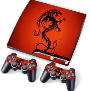 PS3 Slim PlayStation 3 Slim Skin/Stickers PVC for Console + 2 Controllers/Pads Decal Protector Cover ***Dragon Red Background***
