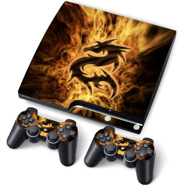 PS3 Slim PlayStation 3 Slim Skin/Stickers PVC for Console + 2 Controllers/Pads Decal Protector Cover ***Fire Dragon***