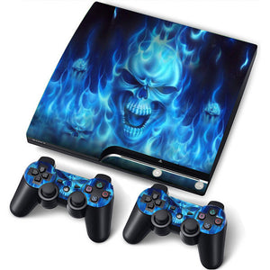 PS3 Slim PlayStation 3 Slim Skin/Stickers PVC for Console + 2 Controllers/Pads Decal Protector Cover ***Blue Fire***