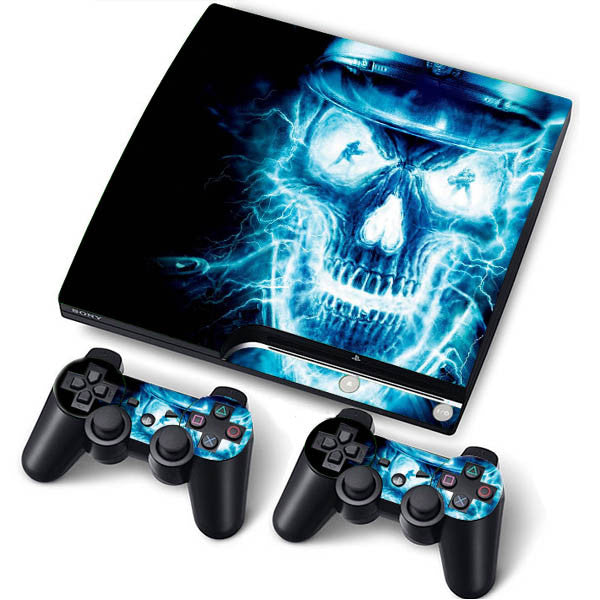 PS3 Slim PlayStation 3 Slim Skin/Stickers PVC for Console + 2 Controllers/Pads Decal Protector Cover ***Electro Skull***