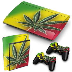 PS3 Super Slim PlayStation 3 SuperSlim Skin/Stickers PVC for Console & 2 Controllers/Pads Decal Protector Cover ***Cannabis***