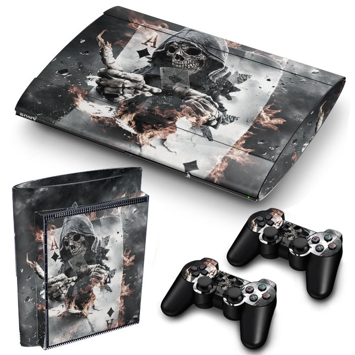 PS3 Super Slim PlayStation 3 SuperSlim Skin/Stickers PVC for Console & 2 Controllers/Pads Decal Protector Cover ***Card Skull***
