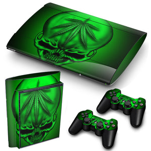 PS3 Super Slim PlayStation 3 SuperSlim Skin/Stickers PVC for Console & 2 Controllers/Pads Decal Protector Cover ***Green Skull***