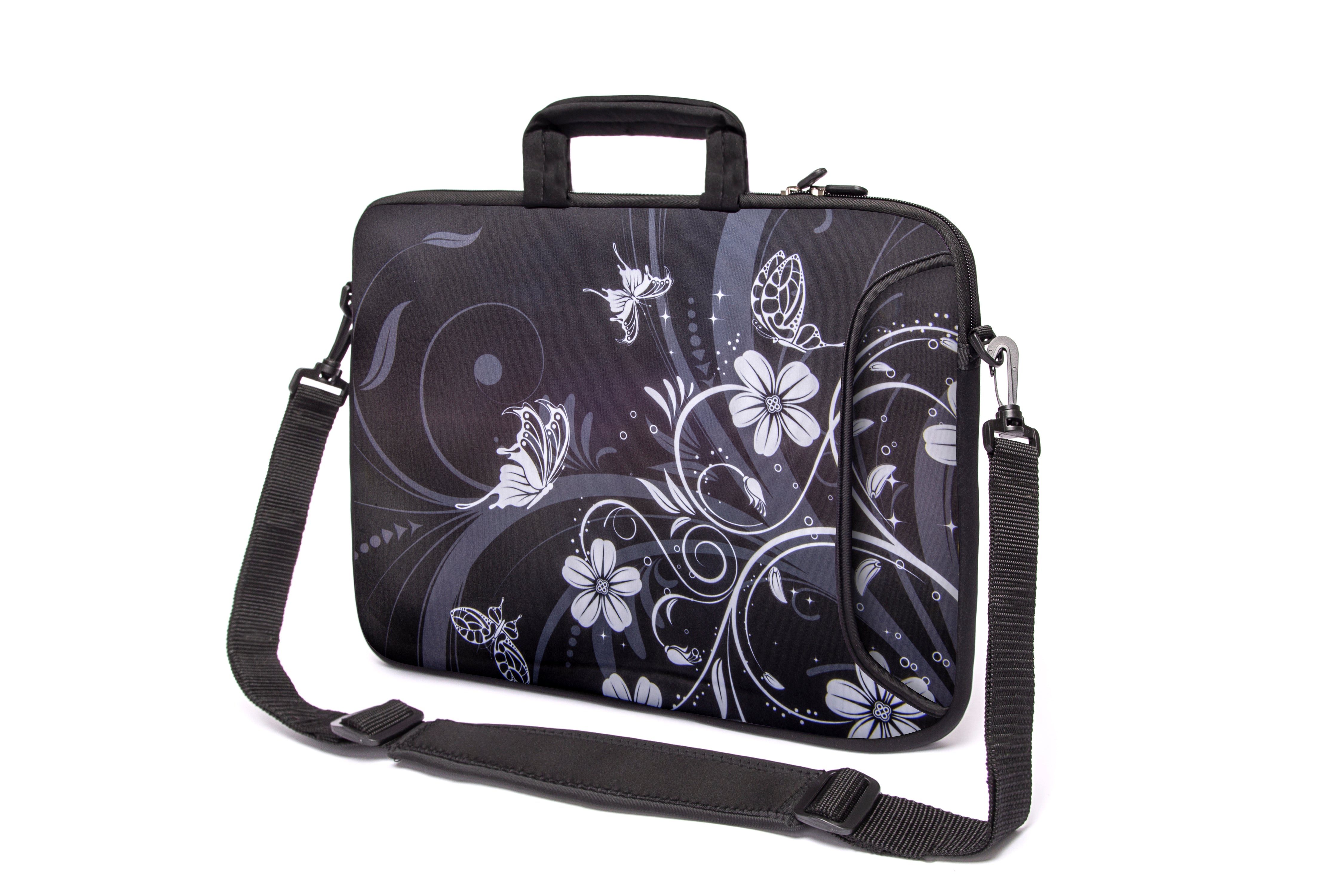 17"- 17.3" (inch) LAPTOP BAG/CASE WITH HANDLE & STRAP, NEOPRENE MADE FOR LAPTOPS/NOTEBOOKS, ZIPPED*BLACK 4 BUTTERFLIES*