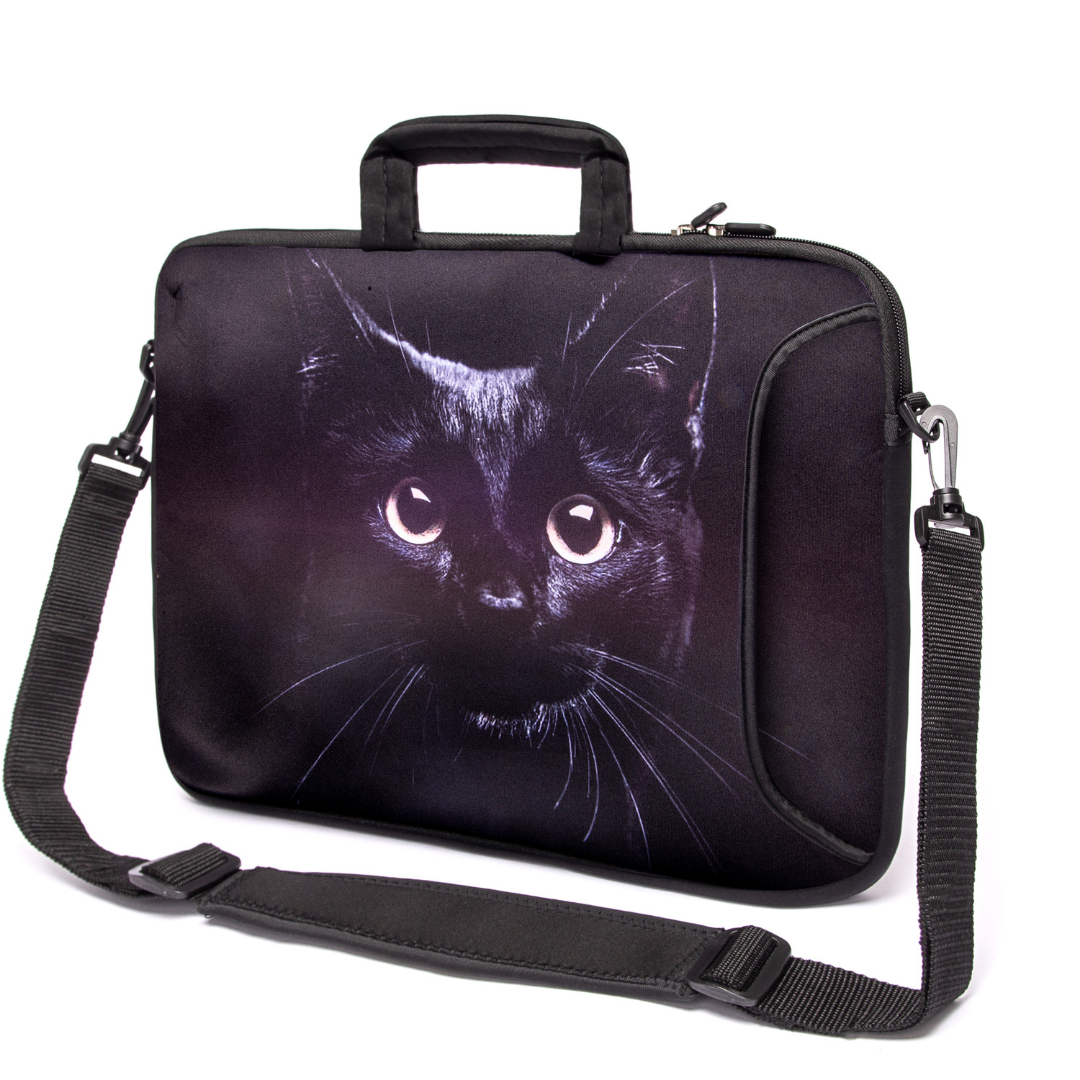 17"- 17.3" (inch) LAPTOP BAG/CASE WITH HANDLE & STRAP, NEOPRENE MADE FOR LAPTOPS/NOTEBOOKS, ZIPPED*BLACK CAT*