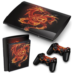 PS3 Super Slim PlayStation 3 SuperSlim Skin/Stickers PVC for Console & 2 Controllers/Pads Decal Protector Cover ***Fire Dragon Skull***