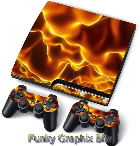 PS3 Slim PlayStation 3 Slim Skin/Stickers PVC for Console + 2 Controllers/Pads Decal Protector Cover ***Flame***