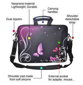 15"- 15.6" (inch) LAPTOP BAG CARRY CASE/BAG WITH HANDLE & STRAP NEOPRENE FOR LAPTOPS/NOTEBOOKS, *PURPLE BUTTERFLIES*