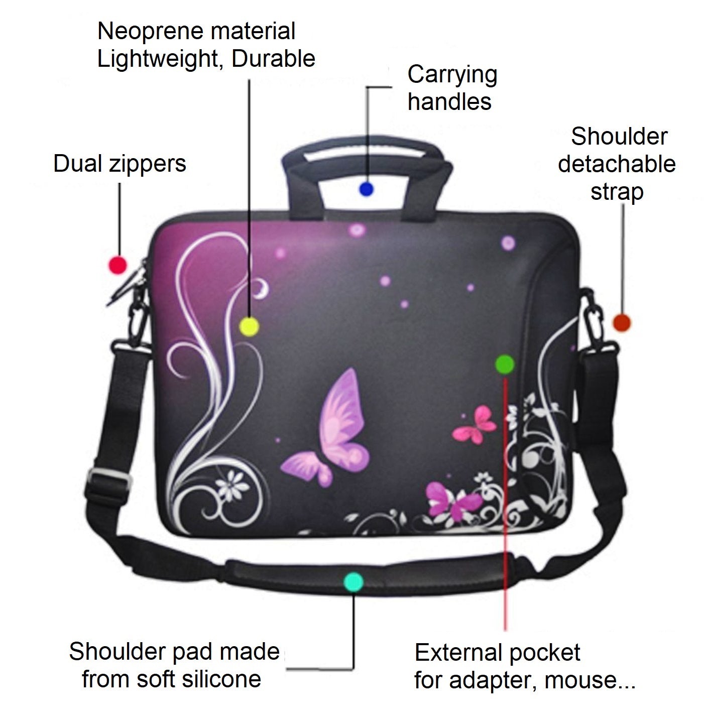 15"- 15.6" (inch) LAPTOP BAG CARRY CASE/BAG WITH HANDLE & STRAP NEOPRENE FOR LAPTOPS/NOTEBOOKS, *Purple Butterflies 2*